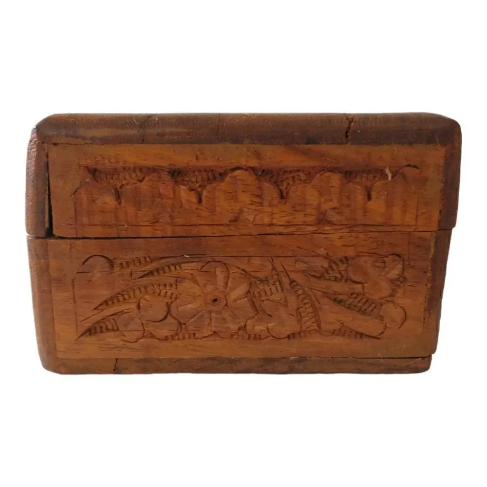 Vintage Hand‎ Carved Wood Trinket Box Jewelry MOP Abalone Inlay Floral Keepsake
